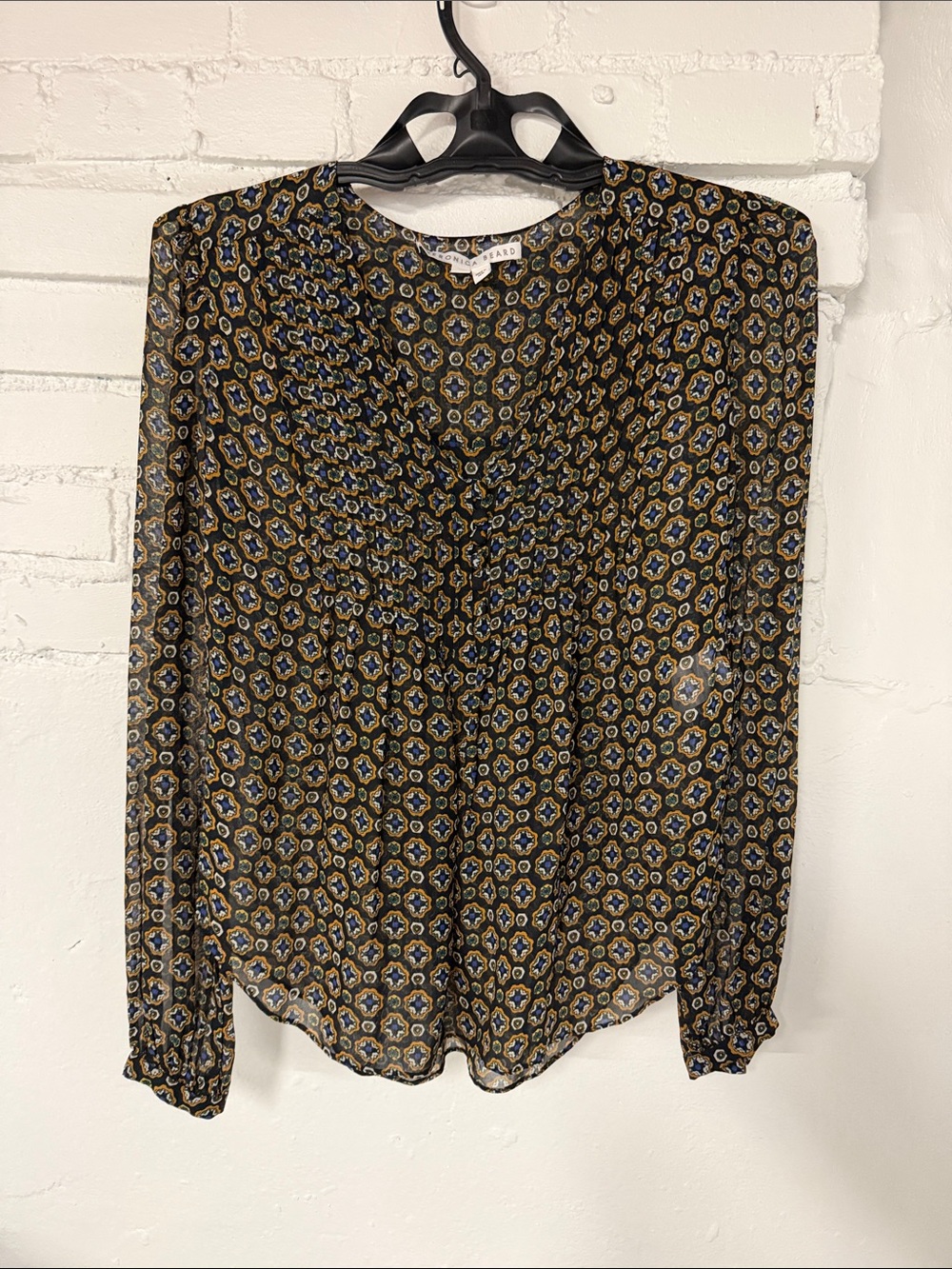 Veronica Beard Floral-Medallion Long-Sleeve Blouse in Black, Gold and Blue
